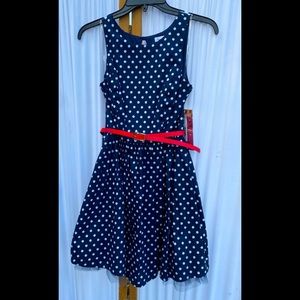 Emerald Sundae Sleeveless Navy Polka Dot Party Dress with Attached Slip
